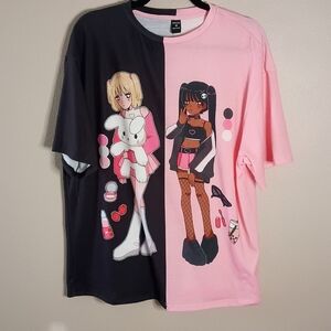 SHEIN Cute Y2K Color Block Anime Print T-Shirt Black/Pink Retro Size XS M Large